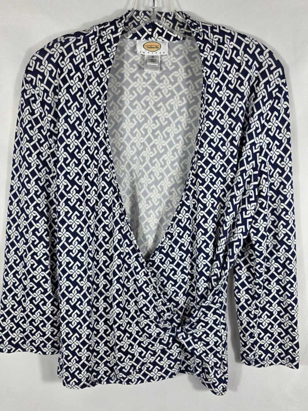 Talbots Faux Wrap Blouse Women's Size PM Blue & White Chain Pattern V-Neck